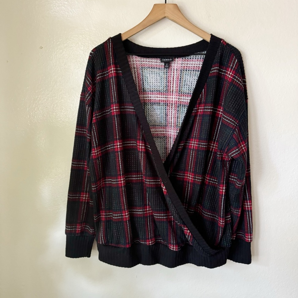 Torrid | Plaid Brushed Waffle Surplice Drop Shoulder Top